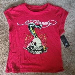 Ed Hardy Juniors Tee with Skull and Flames Design Large New W Tag